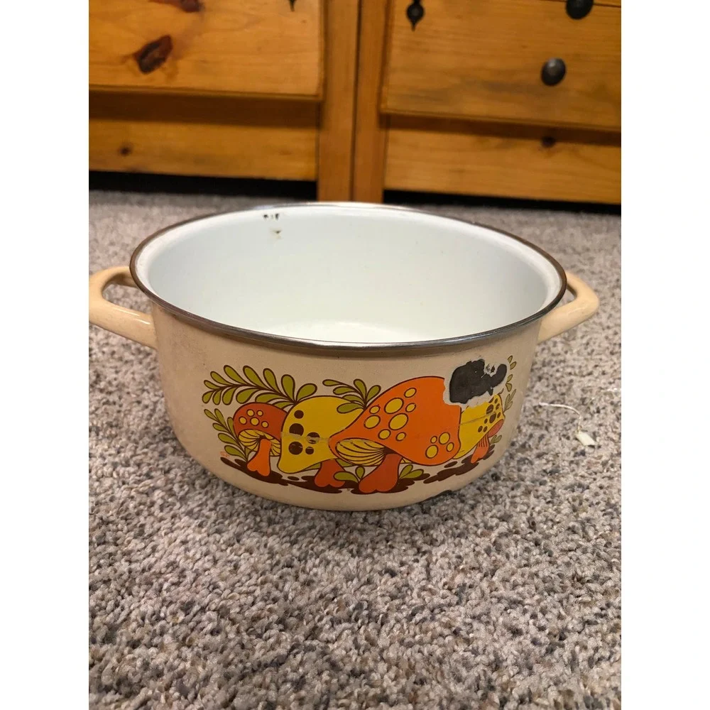 Vintage 70s Enamelware Merry Mushroom Pot Retro